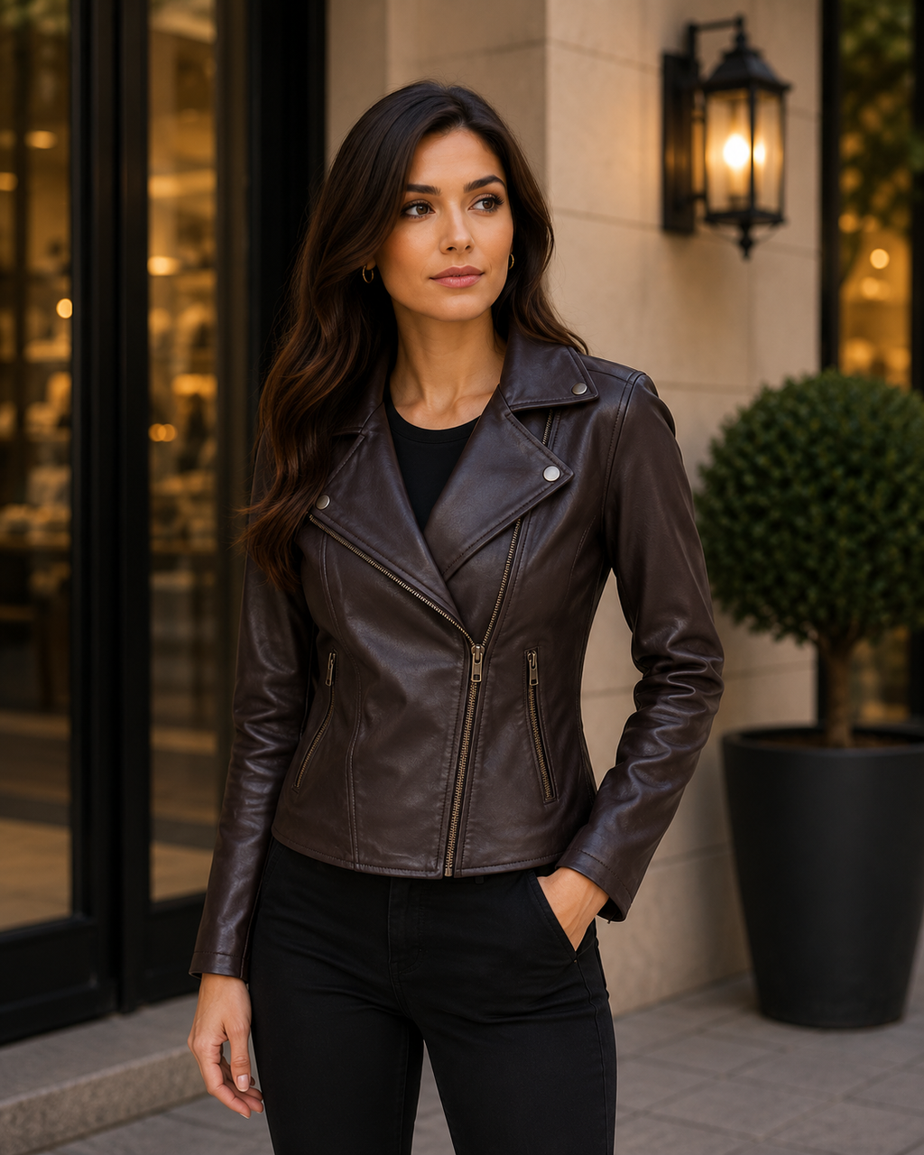 Women's Dark Brown Leather Biker Jacket