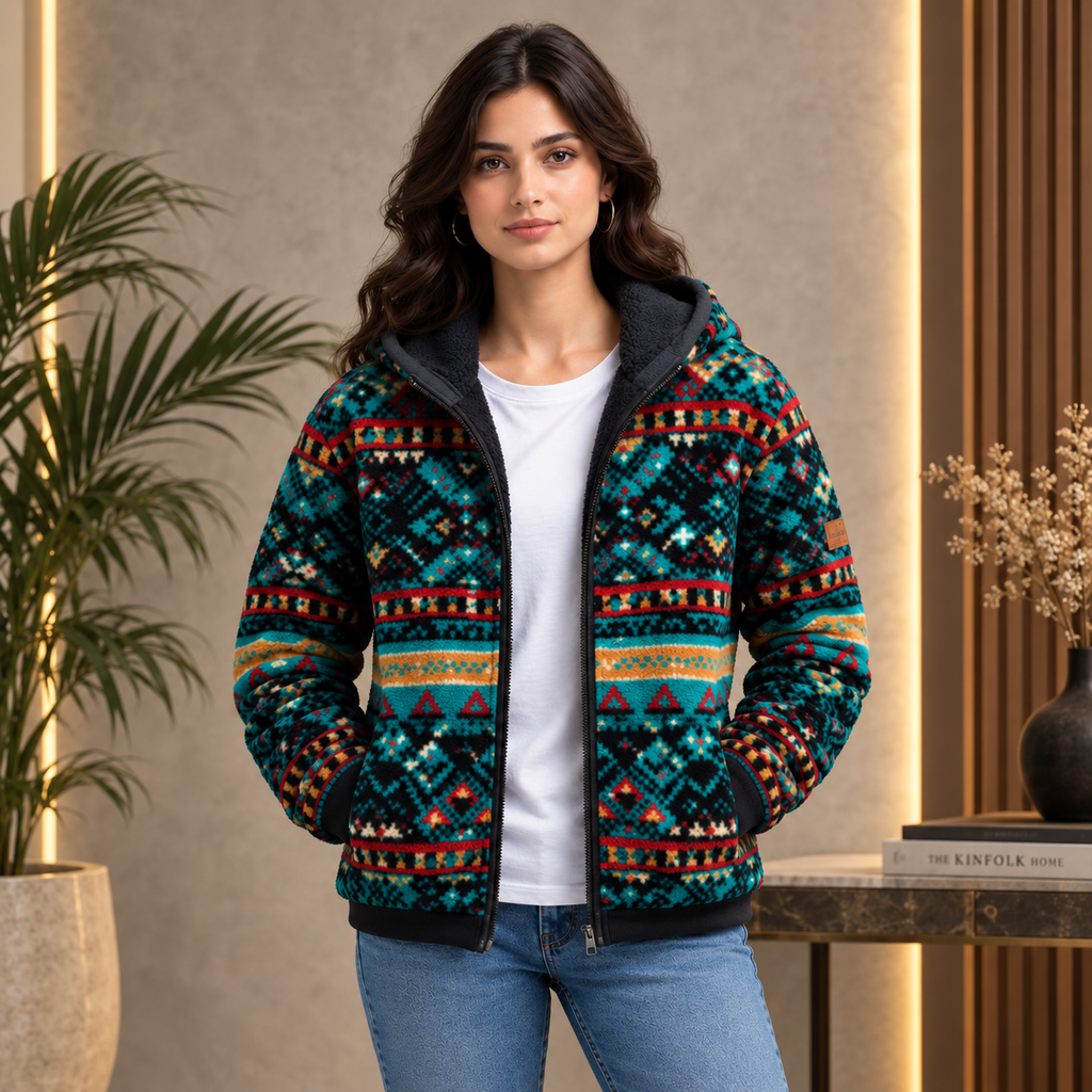 Women's Teal Aztec Sherpa Jacket Festival Streetwear Outfit