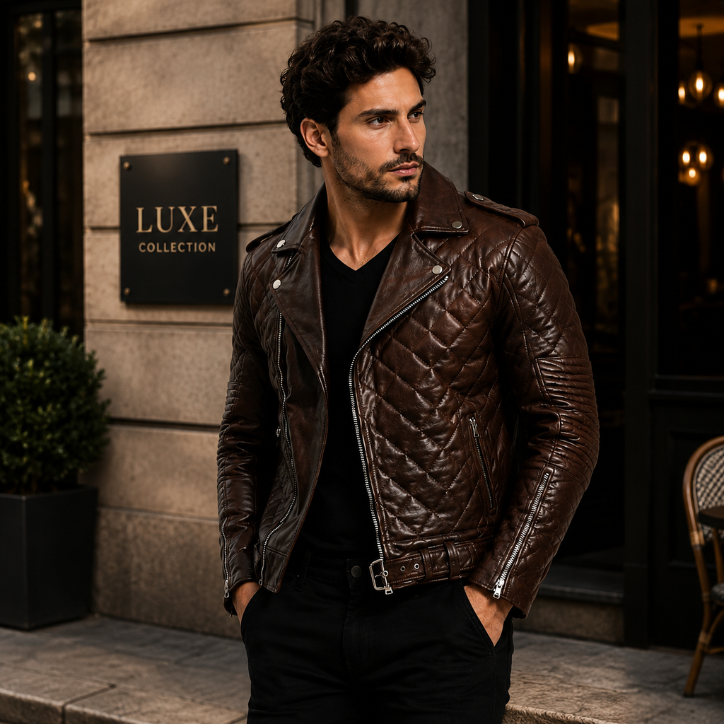Men's Quilted Biker Brown Leather Jacket
