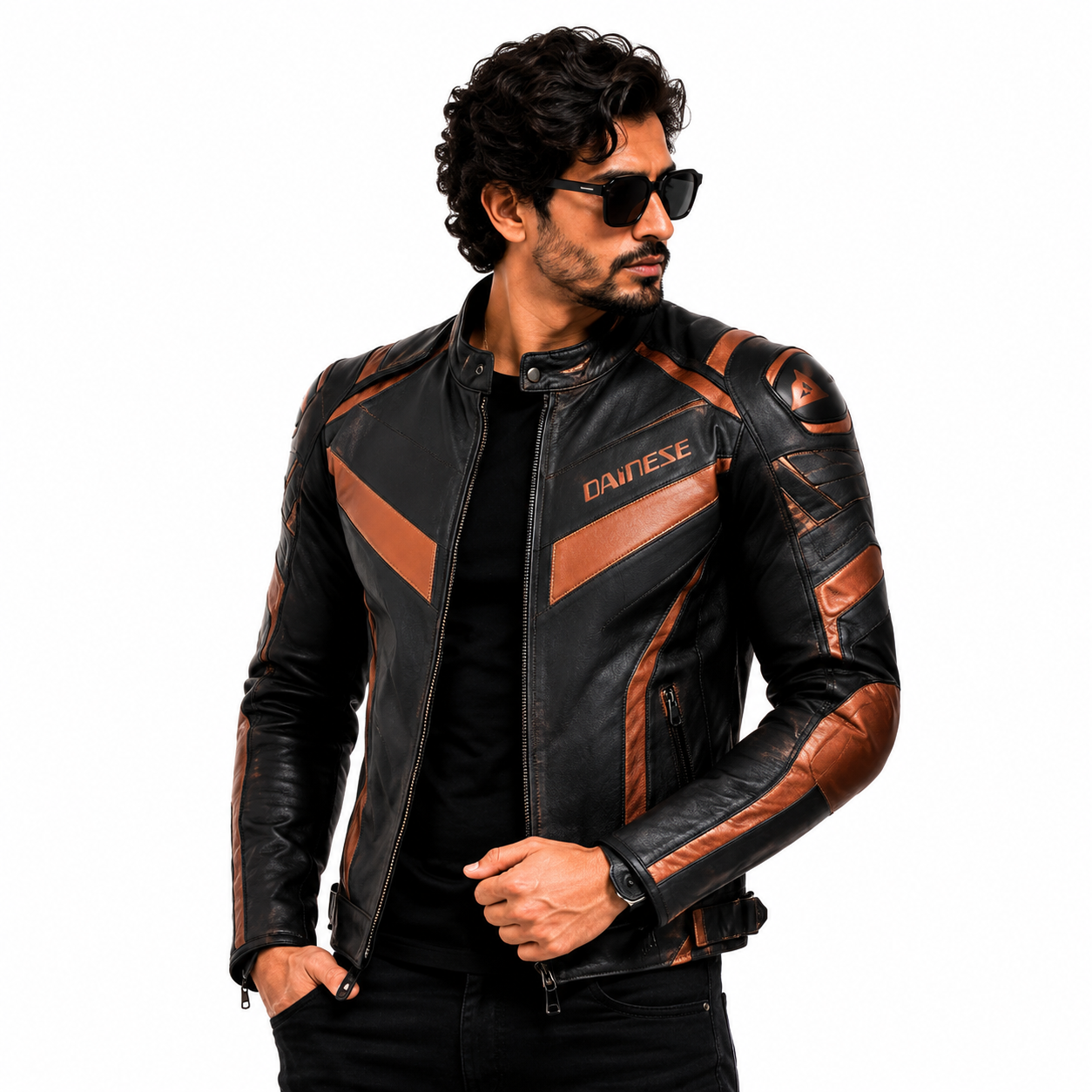 Men's Black & Brown Racer Leather Jacket