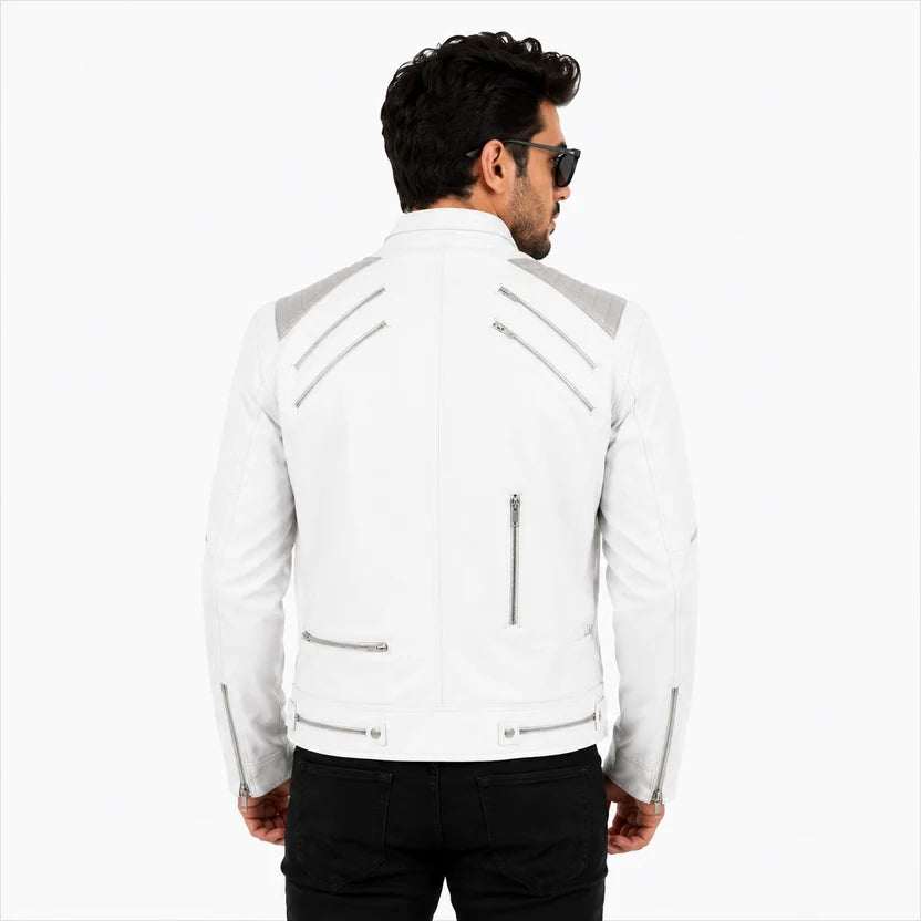 White Genuine Leather Biker Jacket