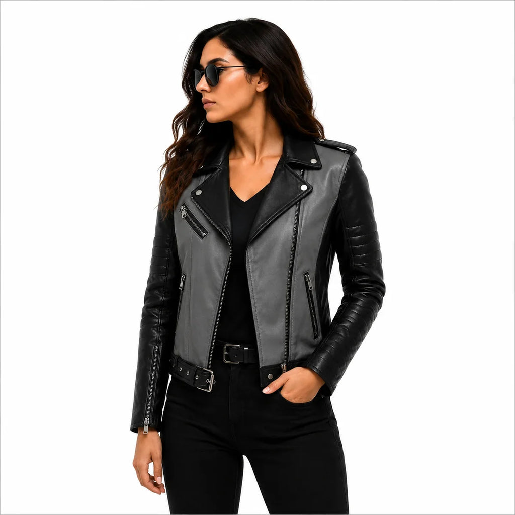 Women's Black & White Genuine Leather Moto Jacket