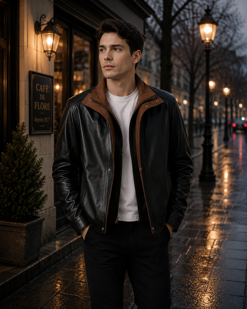 Men's Black and Brown Genuine Leather Bomber Jacket