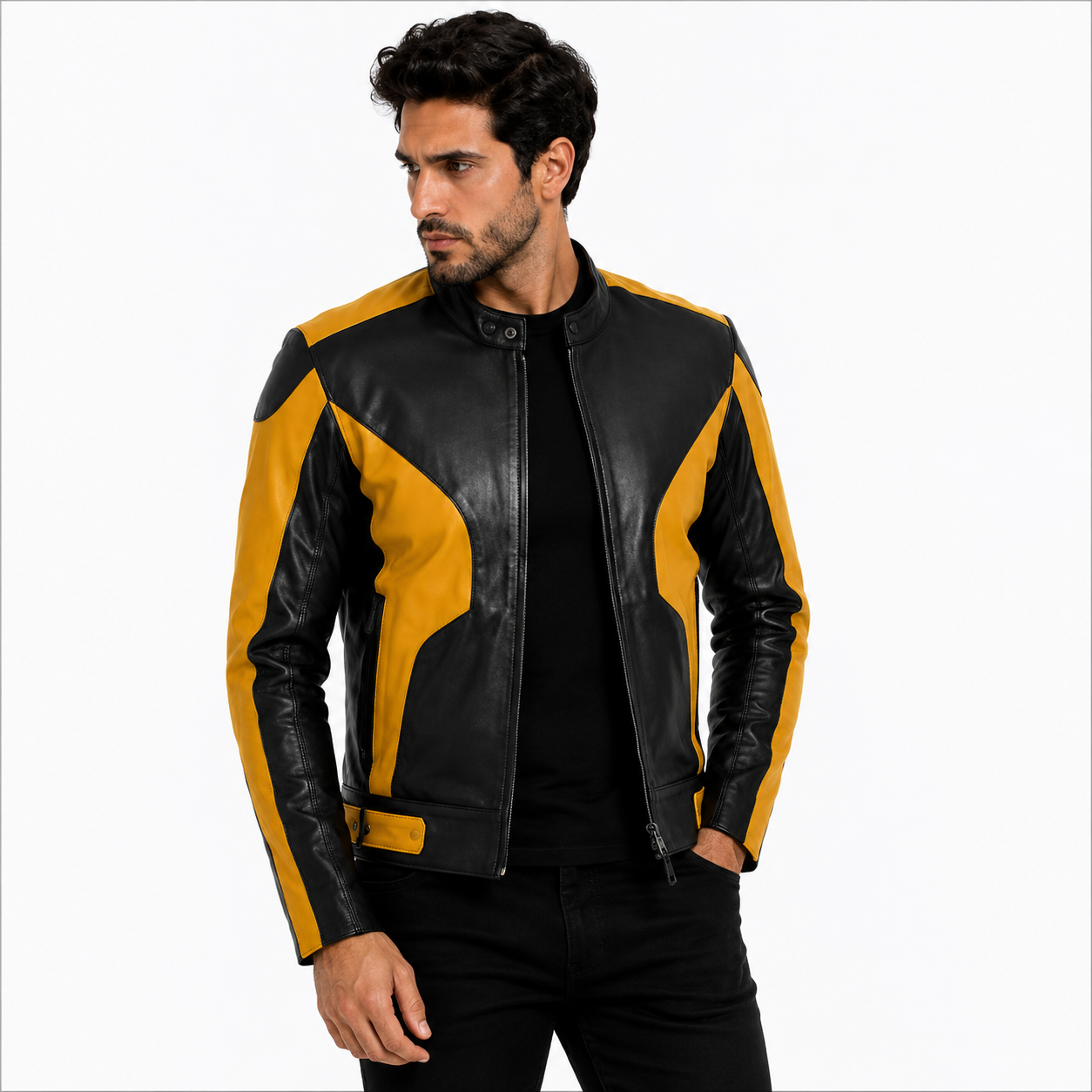 Men's Black & Yellow Genuine Leather Biker Jacket