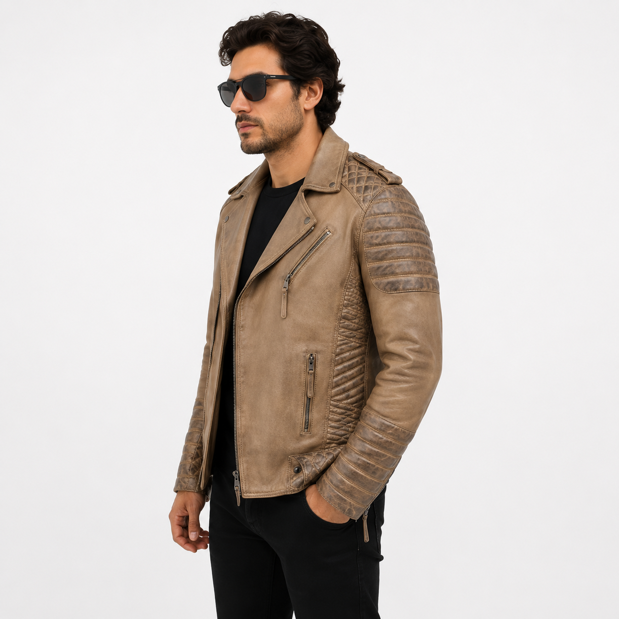 Men's Distressed Beige Taupe Asymmetric Leather Biker Jacket