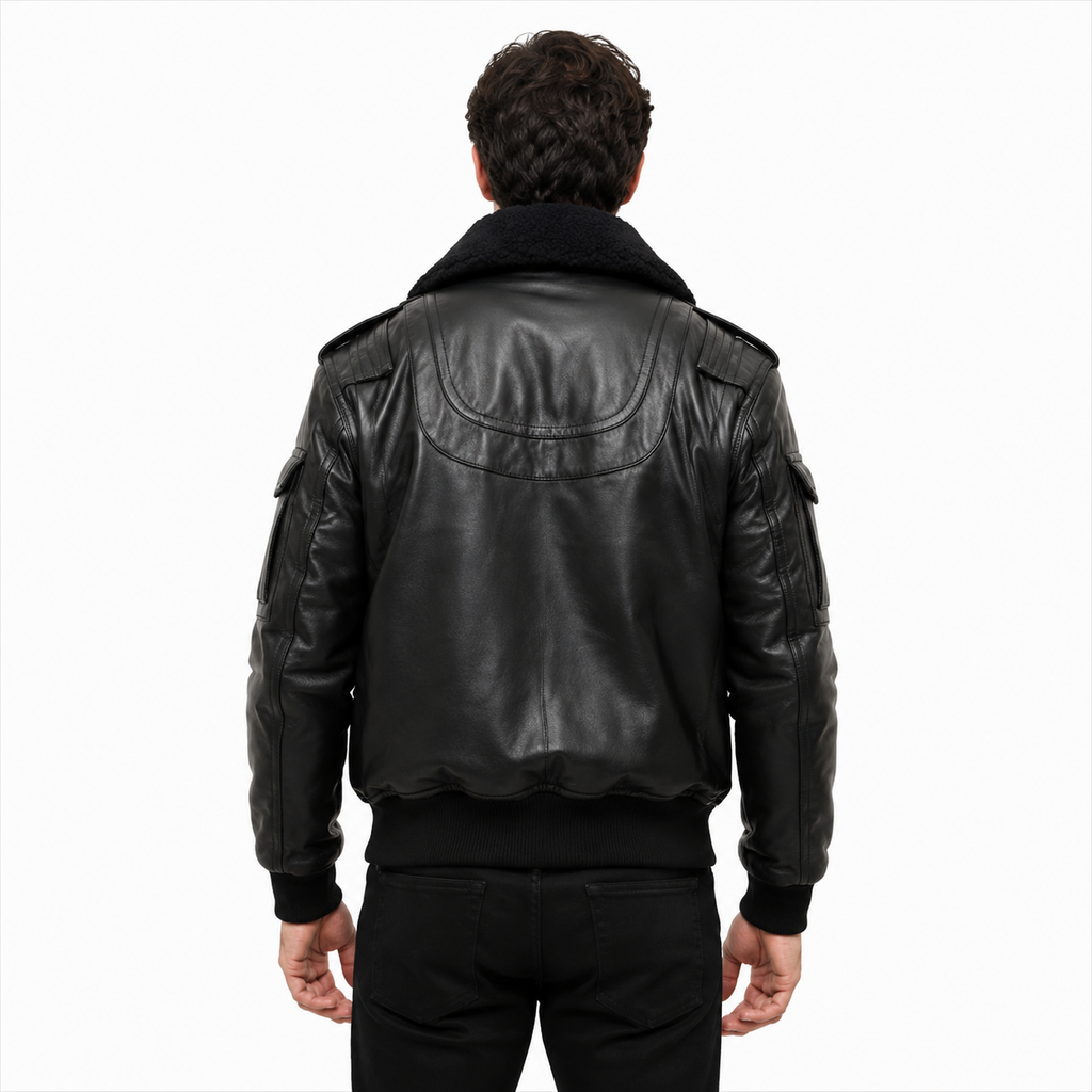 Black Aviator Leather Bomber Jacket with Rib Knit Hem 