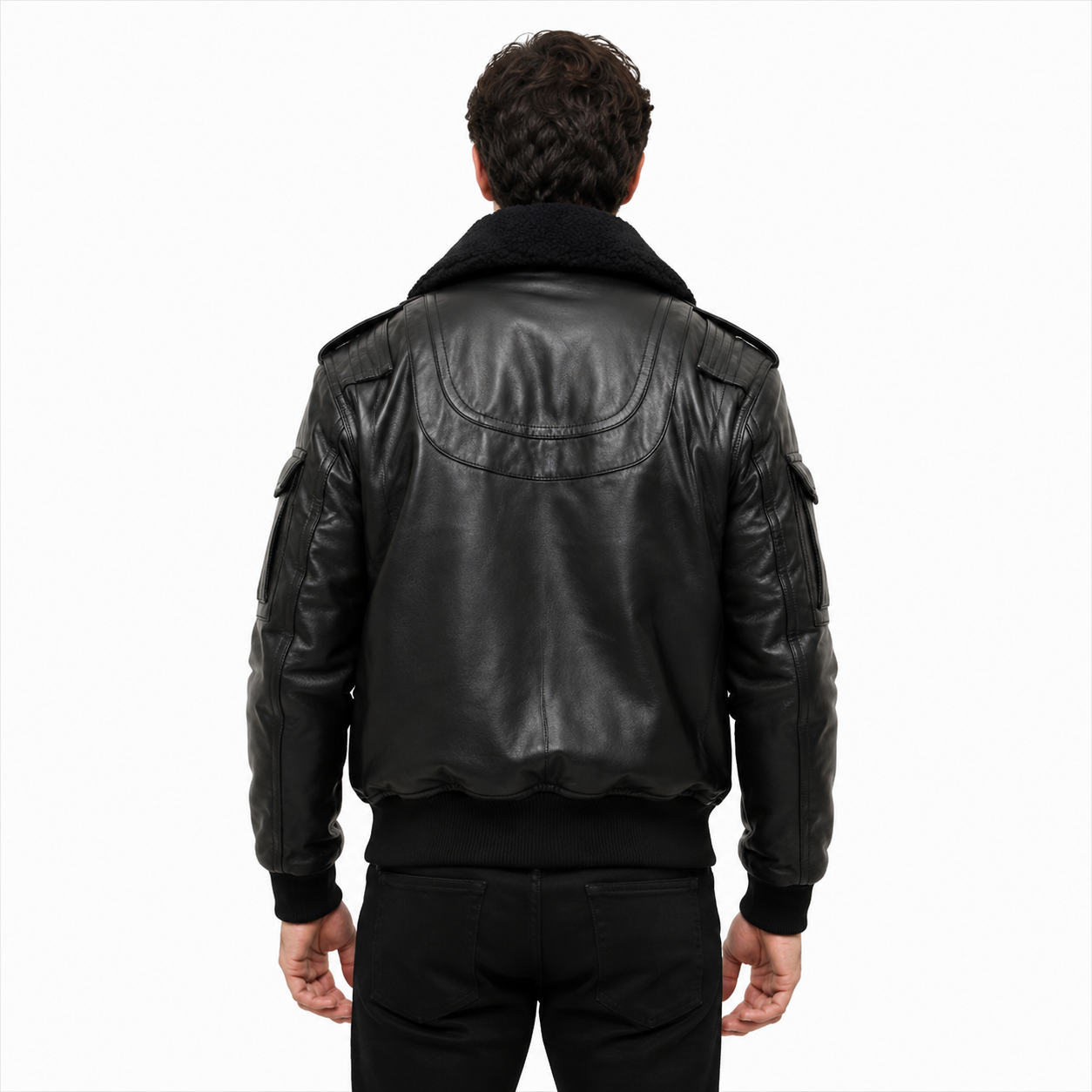 Black Aviator Leather Bomber Jacket with Rib Knit Hem 