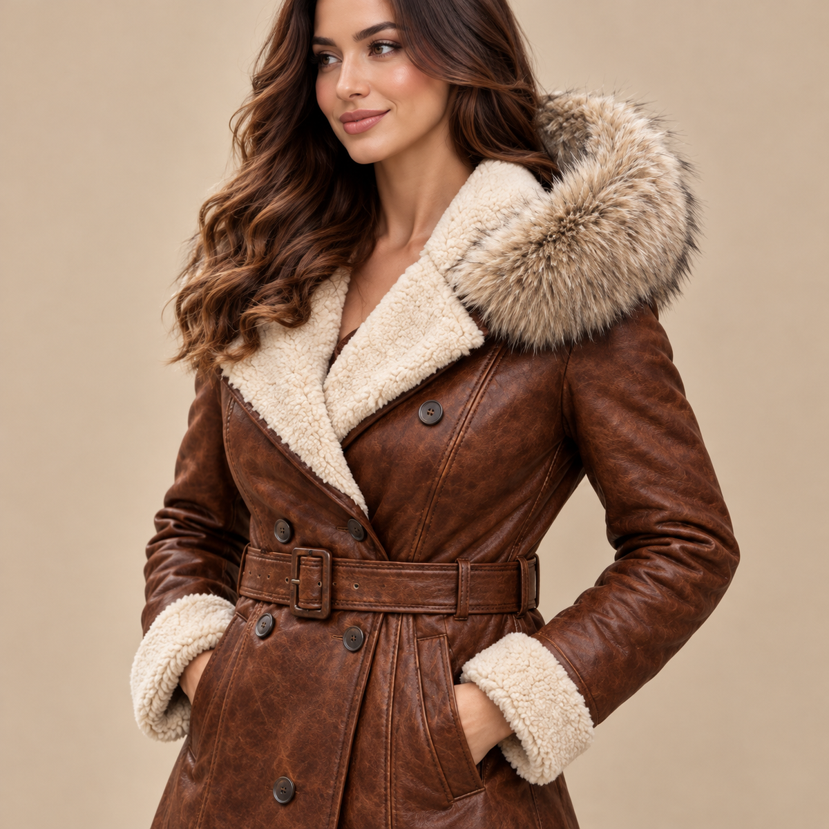 Women's brown shearling leather trench coat double breasted fur hooded
