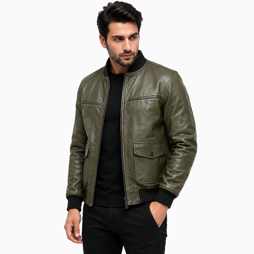 Men's olive green leather bomber jacket