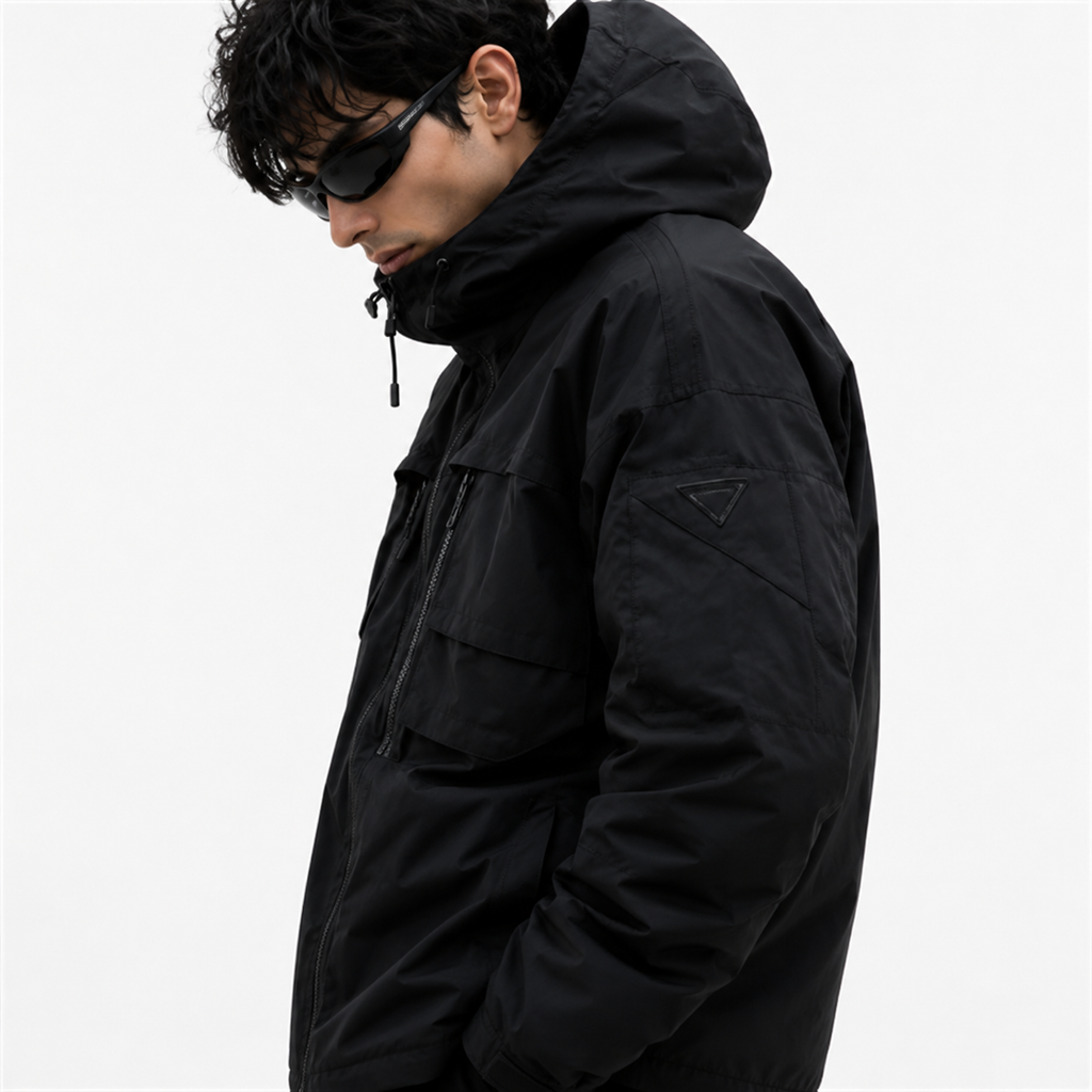Men's Stealth Black Techwear Hooded Tactical Windbreaker