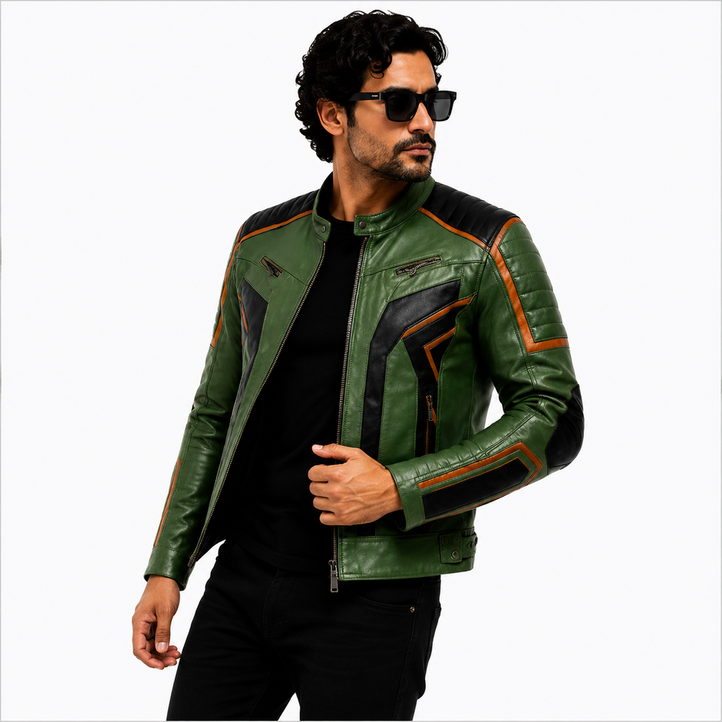 Men's Green & Black Racer Leather Jacket with Quilted Shoulders