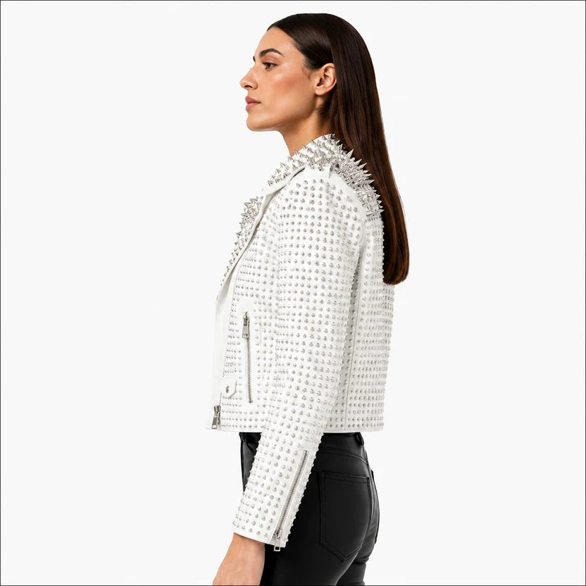  Women's White Studded Biker Leather Jacket