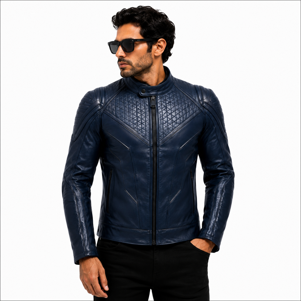 Men's Navy Blue Quilted Racer Leather Jacket