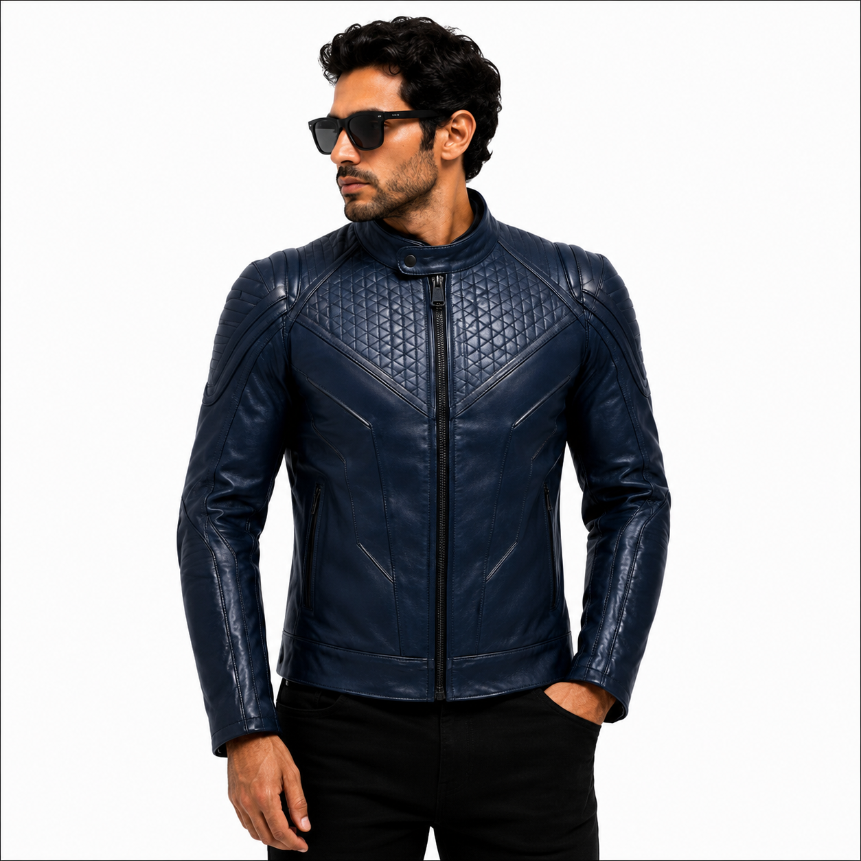 Men's Navy Blue Quilted Racer Leather Jacket