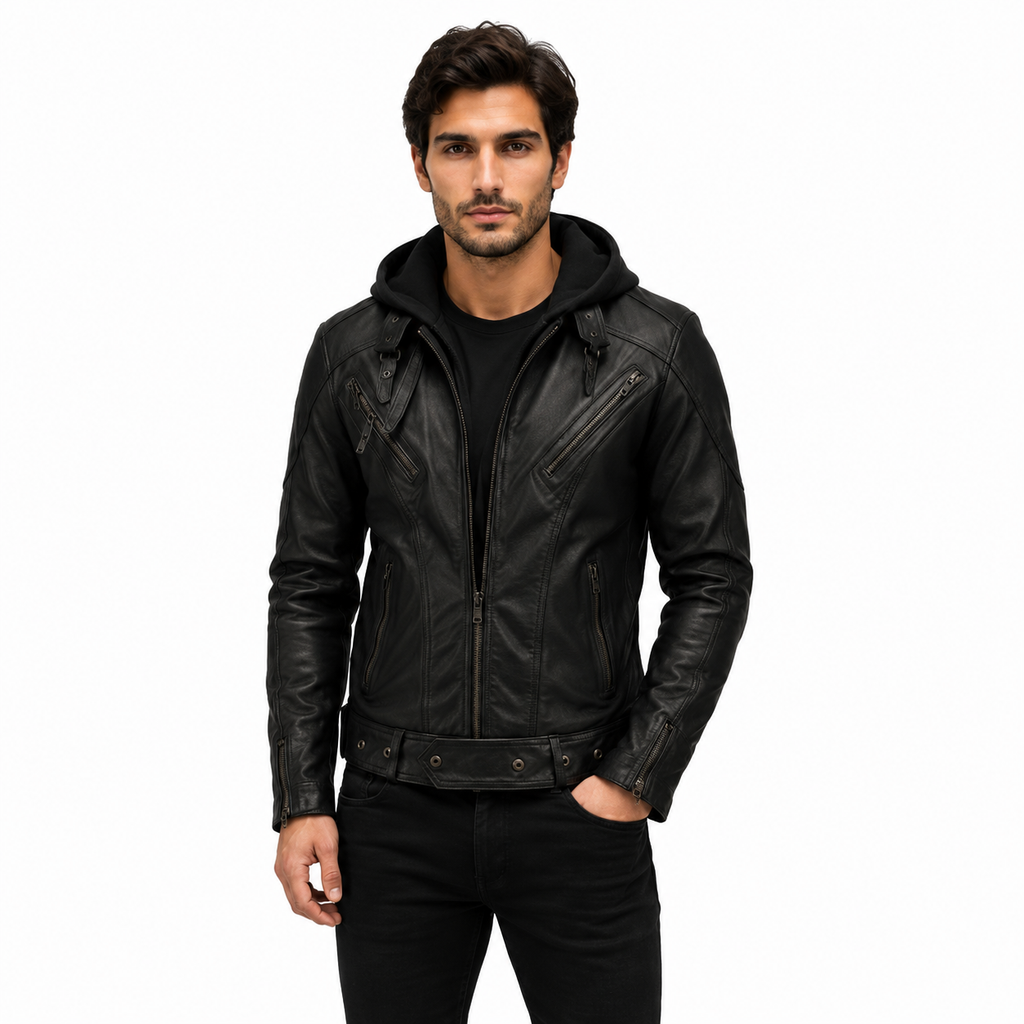 Men's Black Hooded Genuine Leather Biker Jacket