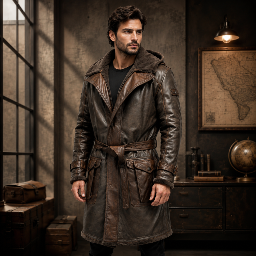 Men's Brown Shearling Leather Trench Coat 