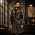 Men's Brown Shearling Leather Trench Coat 