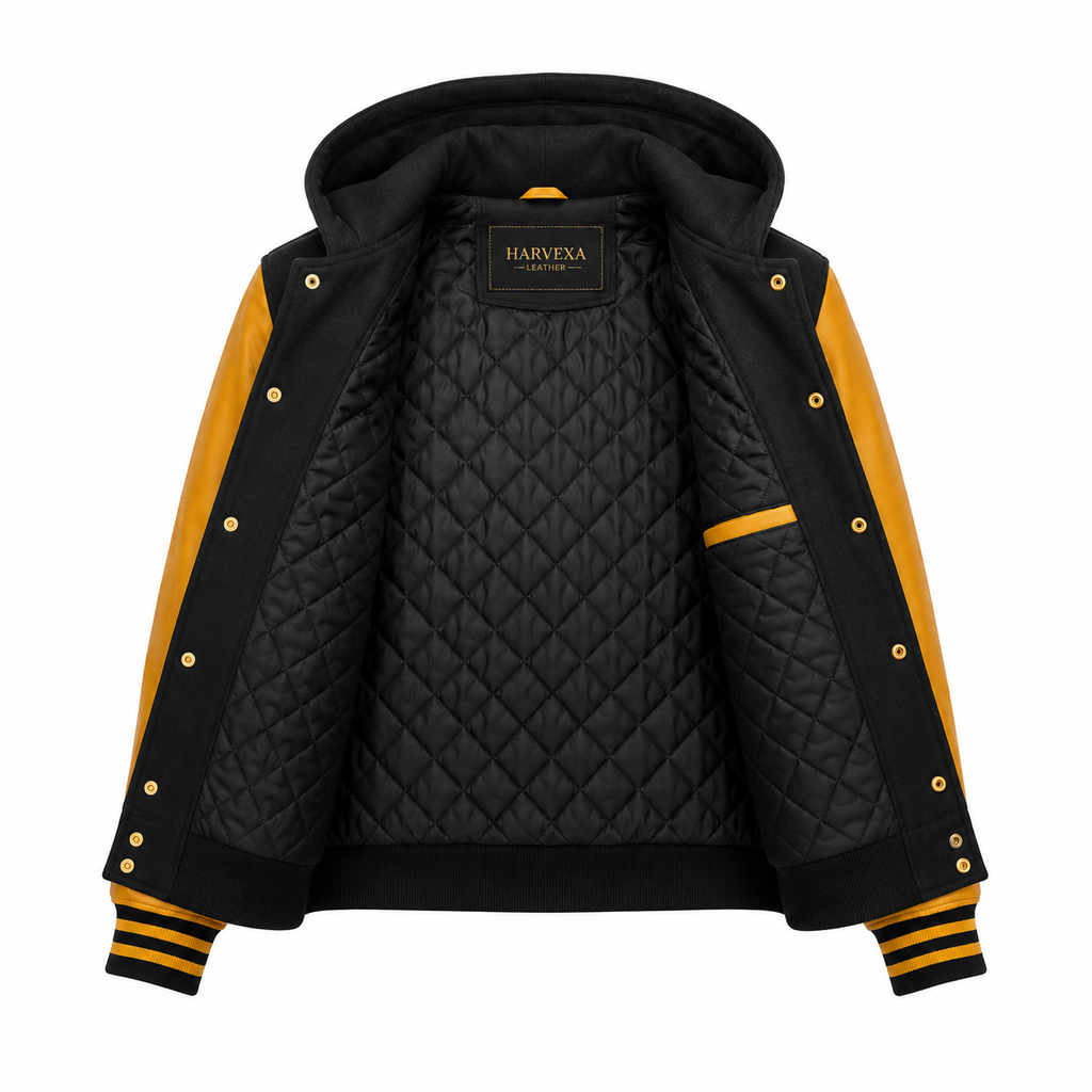 Men's Black and Mustard Yellow Hooded Varsity Jacket with Leather Sleeves
