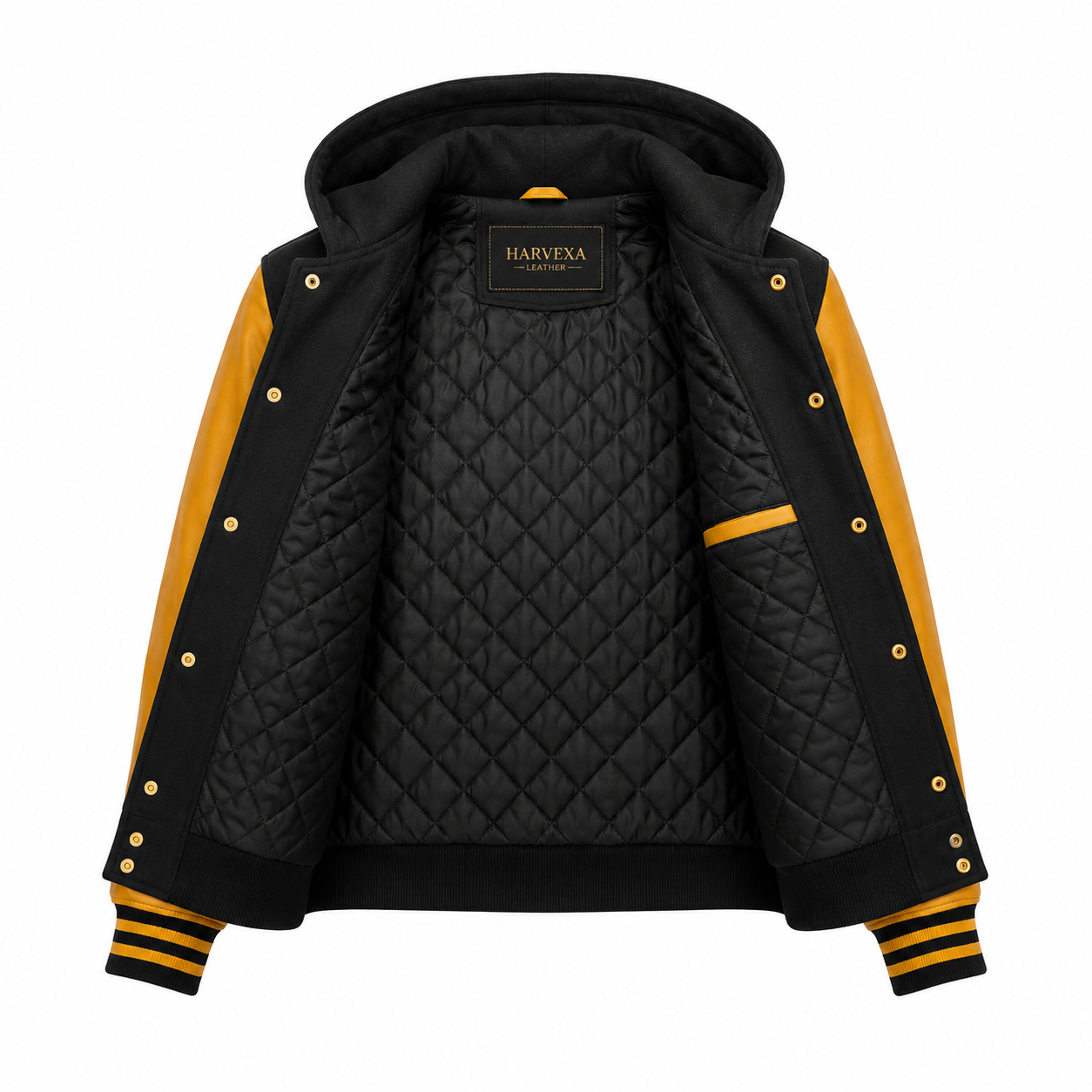 Men's Black and Mustard Yellow Hooded Varsity Jacket with Leather Sleeves