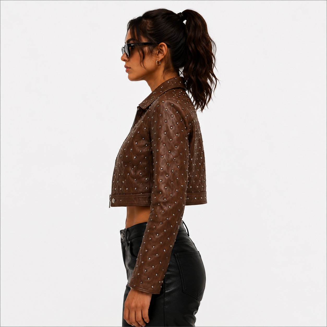 Women's Brown Cropped Studded Leather Jacket
