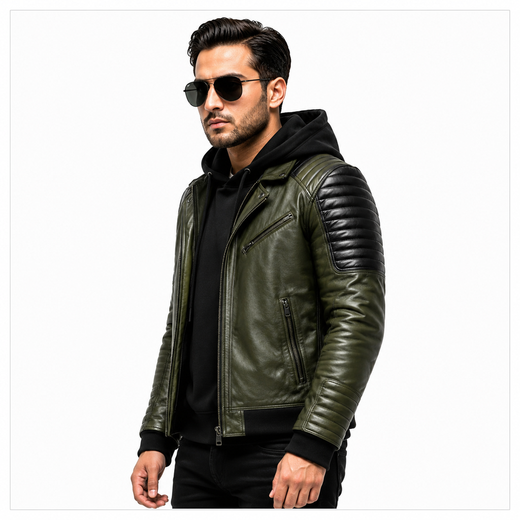 Men's olive green and black hooded leather biker jacket