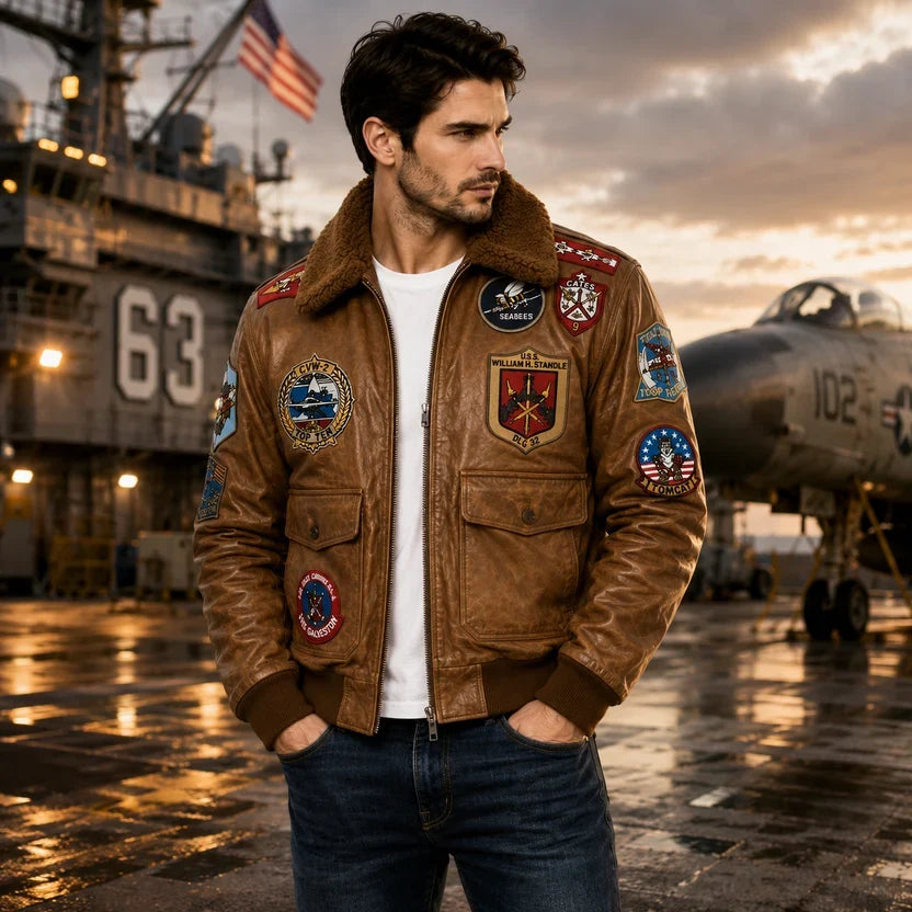 Men's Black Genuine Leather Top Gun Bomber Aviator Jacket