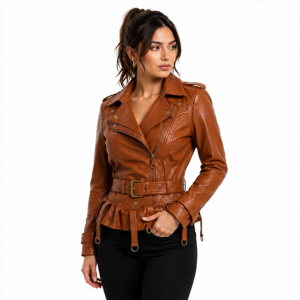 Women's Cognac Brown Peplum Belted Leather Biker Jacket 