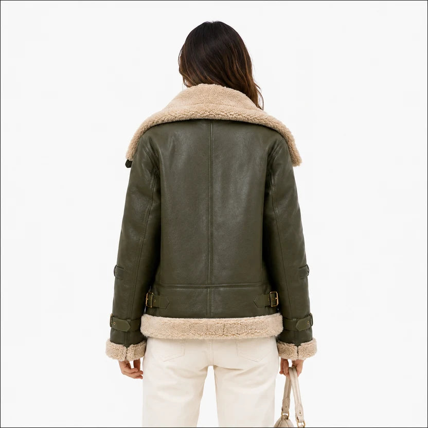 Women's Olive Green Shearling Aviator Jacket Real Leather B3 Bomber
