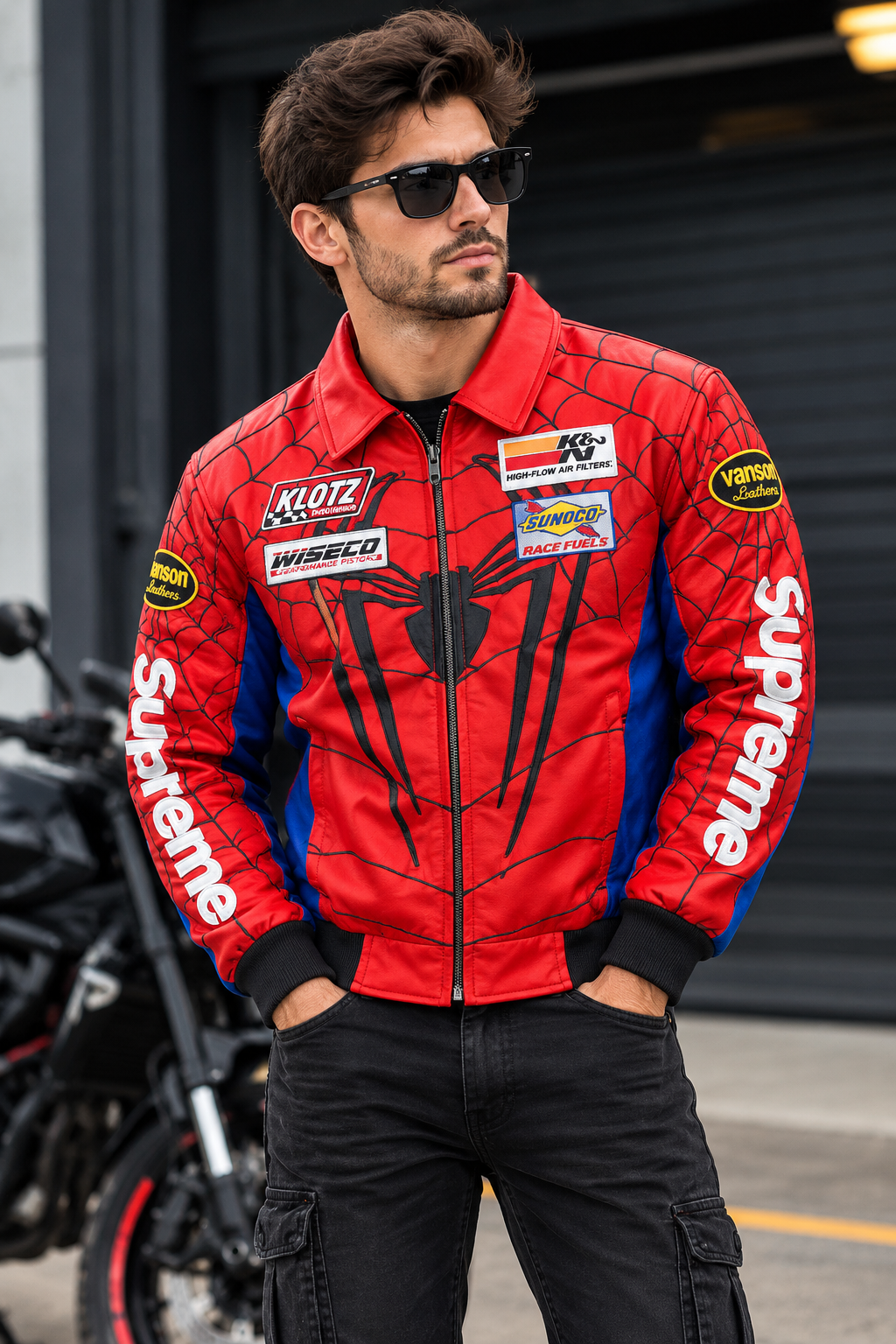 Red and blue Spider-Man-inspired racing jacket with Supreme sleeves and motorsport patches