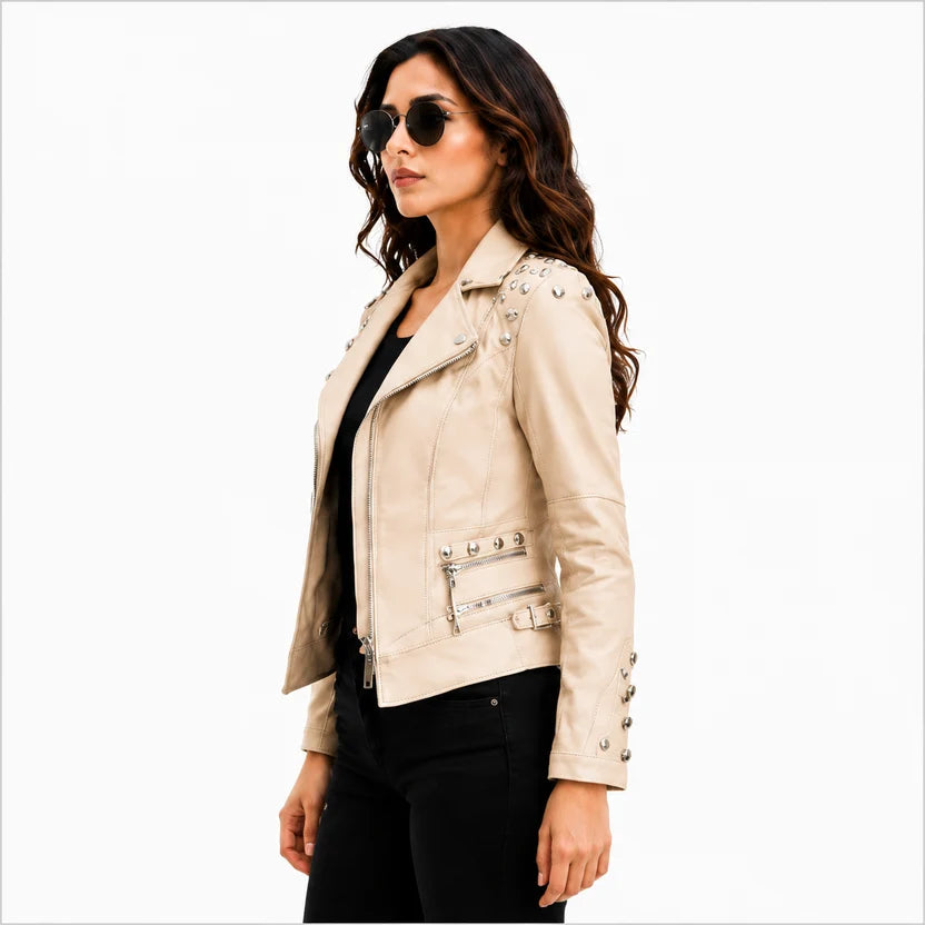 women's beige leather jacket with studded