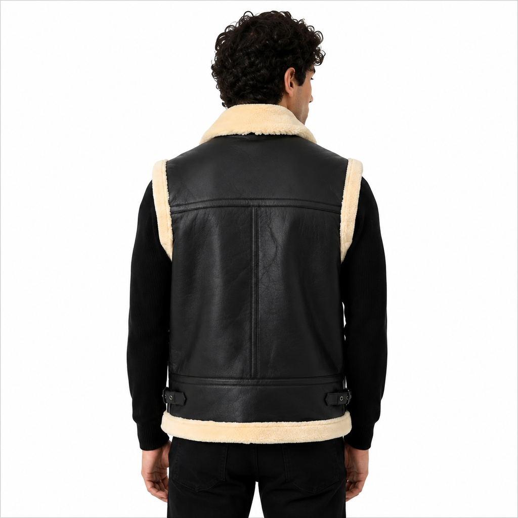 Men's Black Shearling Leather Aviator Vest