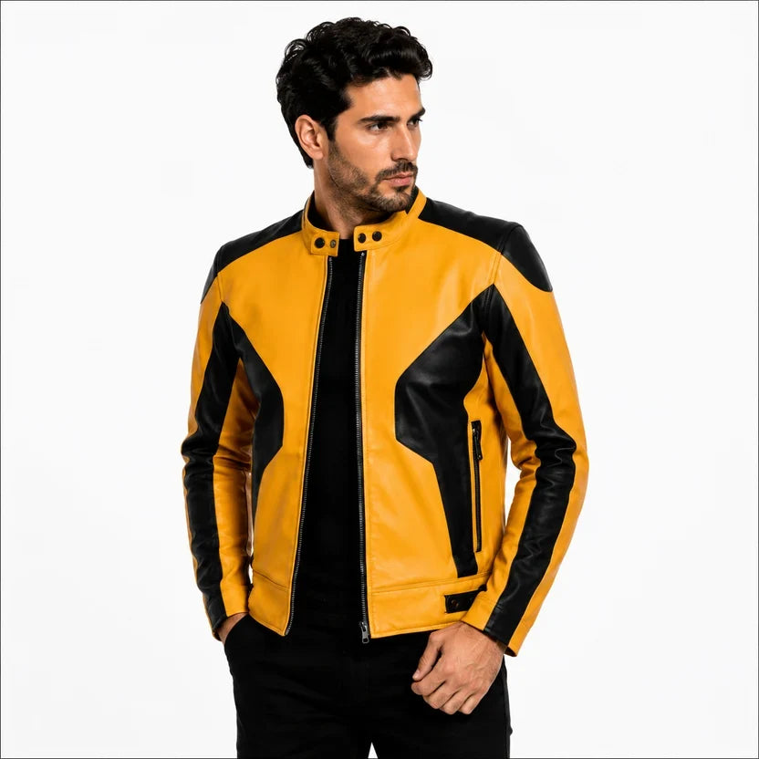 Men's White and Black Genuine Leather Biker Jacket