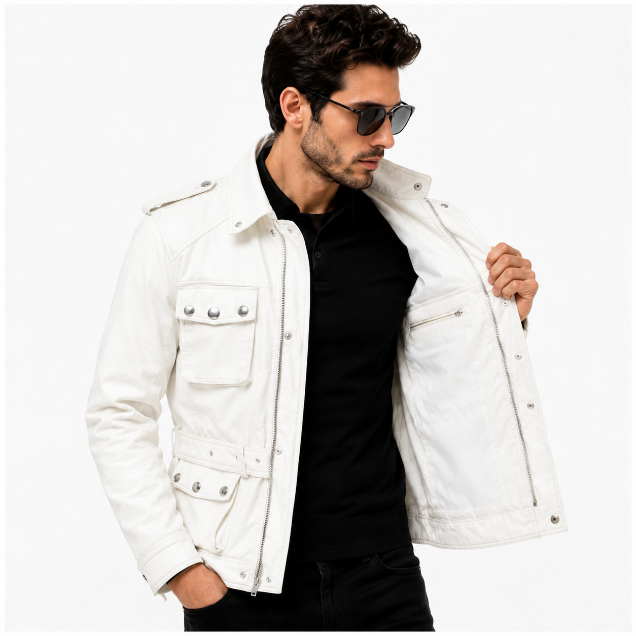 Men's White Military Safari Leather Field Jacket