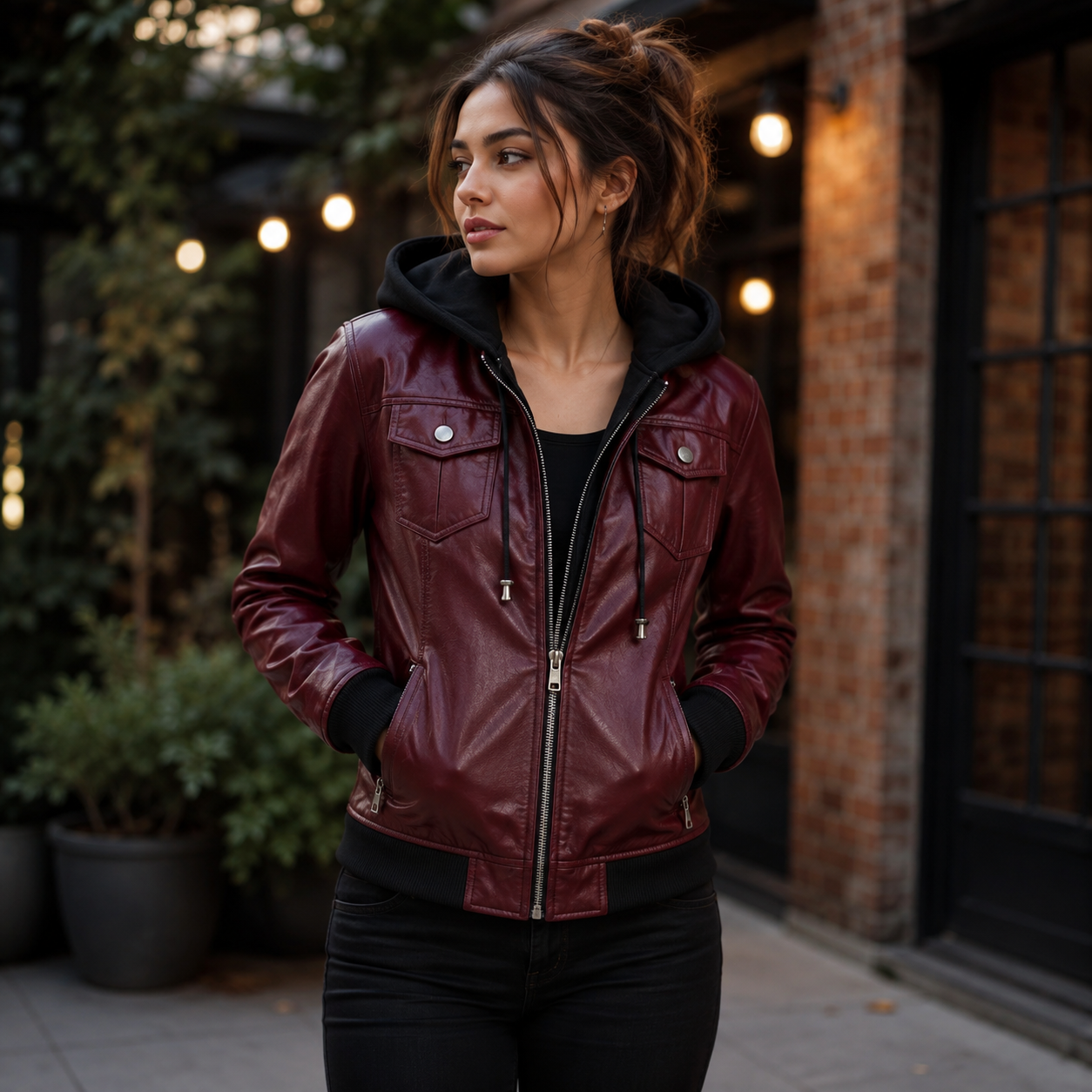 Women's Maroon Hooded Leather Jacket with Pockets