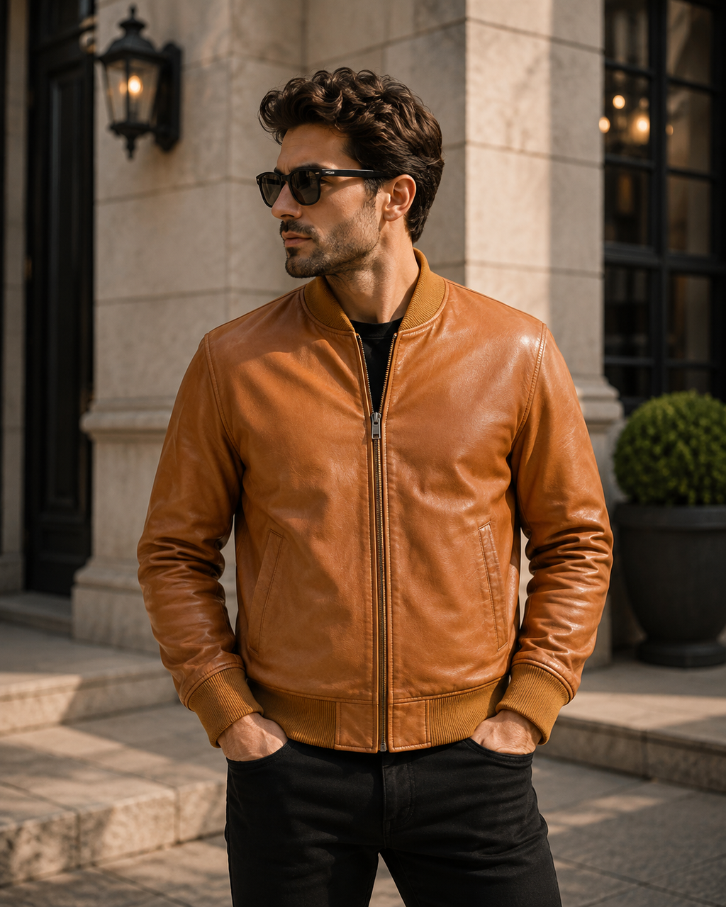 Men's Tan Leather Bomber Jacket - Genuine Cowhide Cognac Bomber - HarvexaLeather