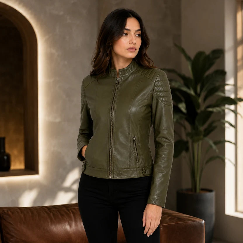 Women's Olive Green Real Leather Jacket