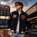 Navy Blue Chicago Bears NFL Varsity Jacket with Bear Logo and 85 Patch