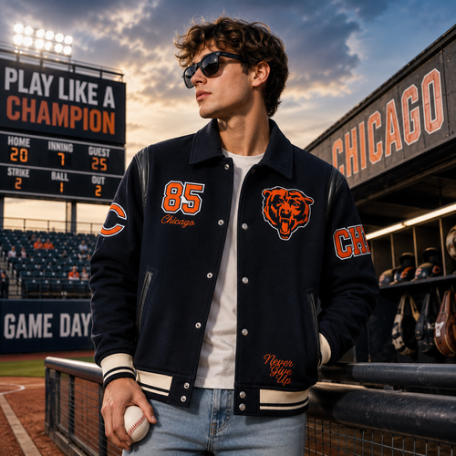 Navy Blue Chicago Bears NFL Varsity Jacket with Bear Logo and 85 Patch