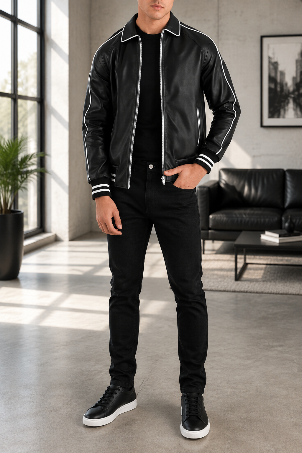 Black Varsity Bomber Leather Jacket 