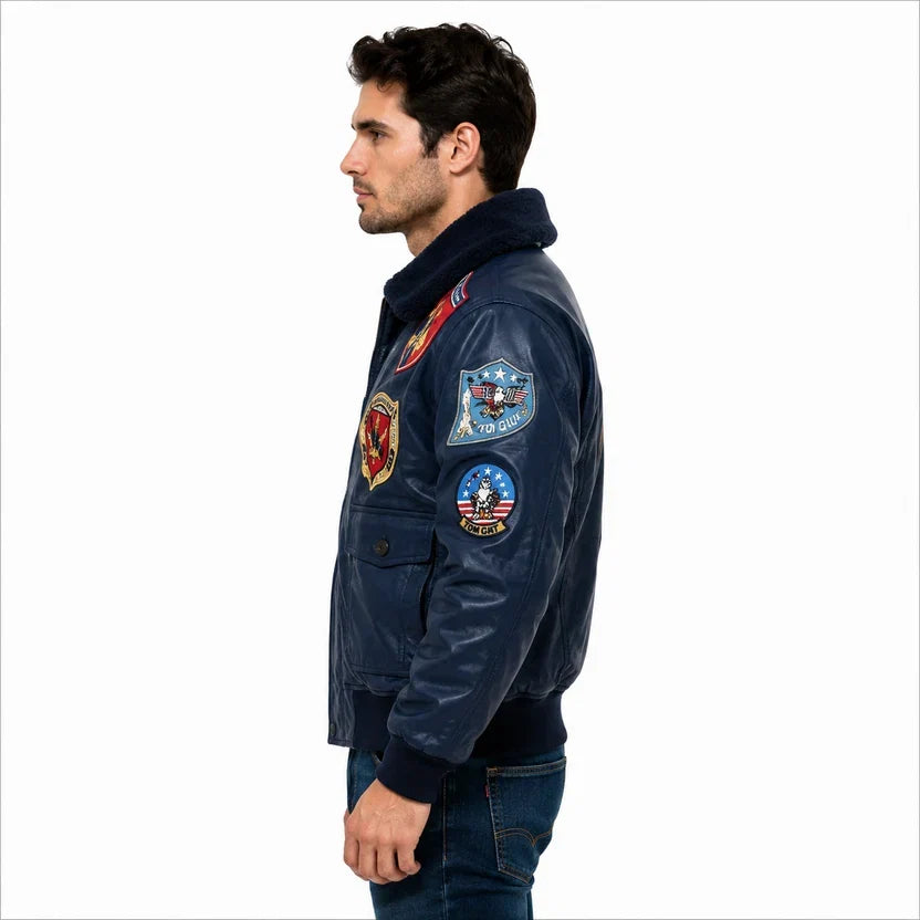 Men's Black Genuine Leather Top Gun Bomber Aviator Jacket