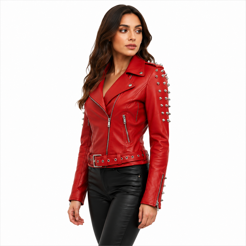 Women's Red Spiked Leather Moto Jacket