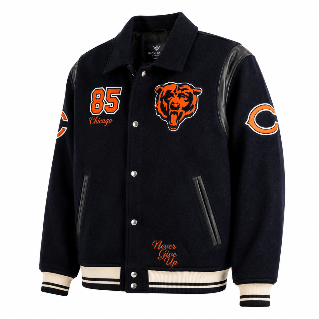 Navy Blue Chicago Bears NFL Varsity Jacket with Bear Logo and 85 Patch