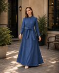 Women's Denim Blue Tie Waist Maxi Dress