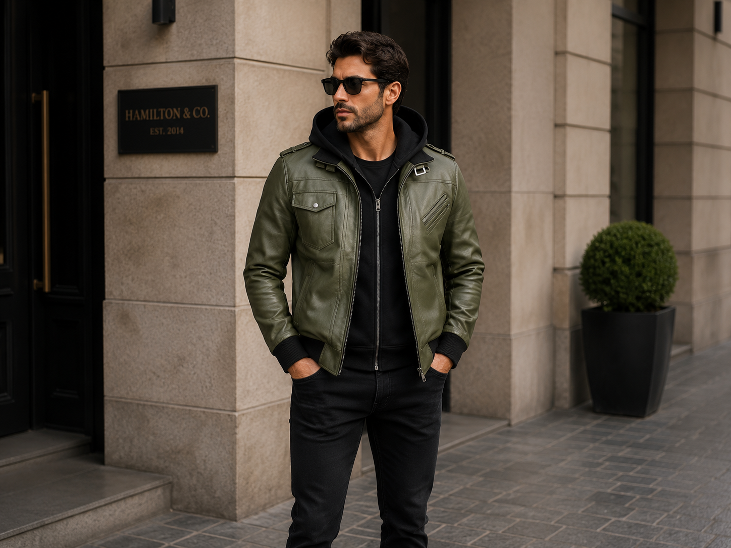 Men's Olive Green Genuine Leather Hooded Military Jacket
