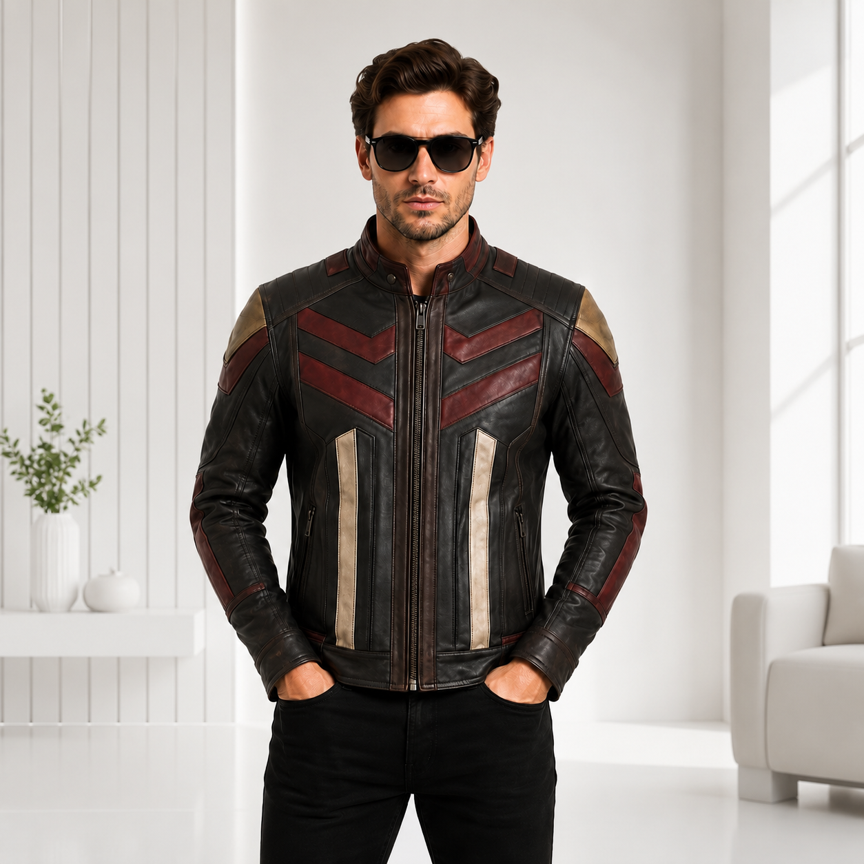 Men's Black Wine Red Gold Panel Genuine Leather Biker Jacket