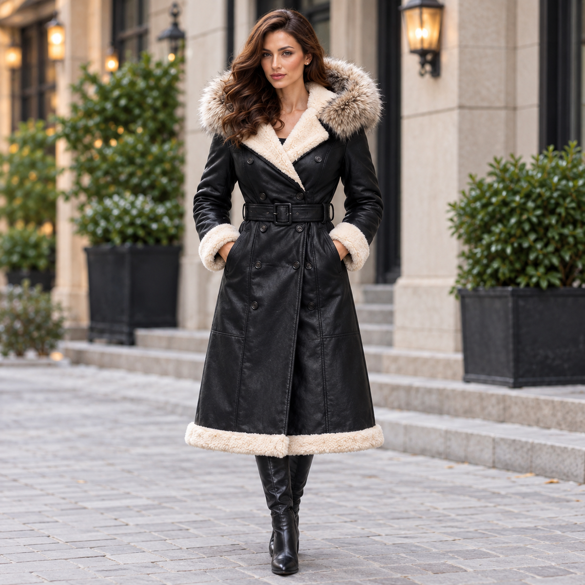 women's Black shearling trench coat with belted waist and long length