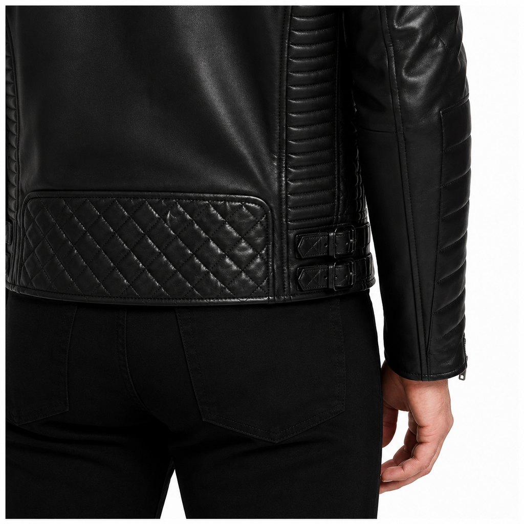 Black Genuine Leather Moto Jacket for Men with Quilted Shoulders