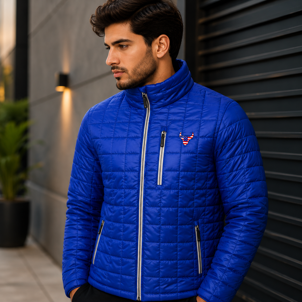 Men's Royal Blue Quilted Jacket Travel Outfit
