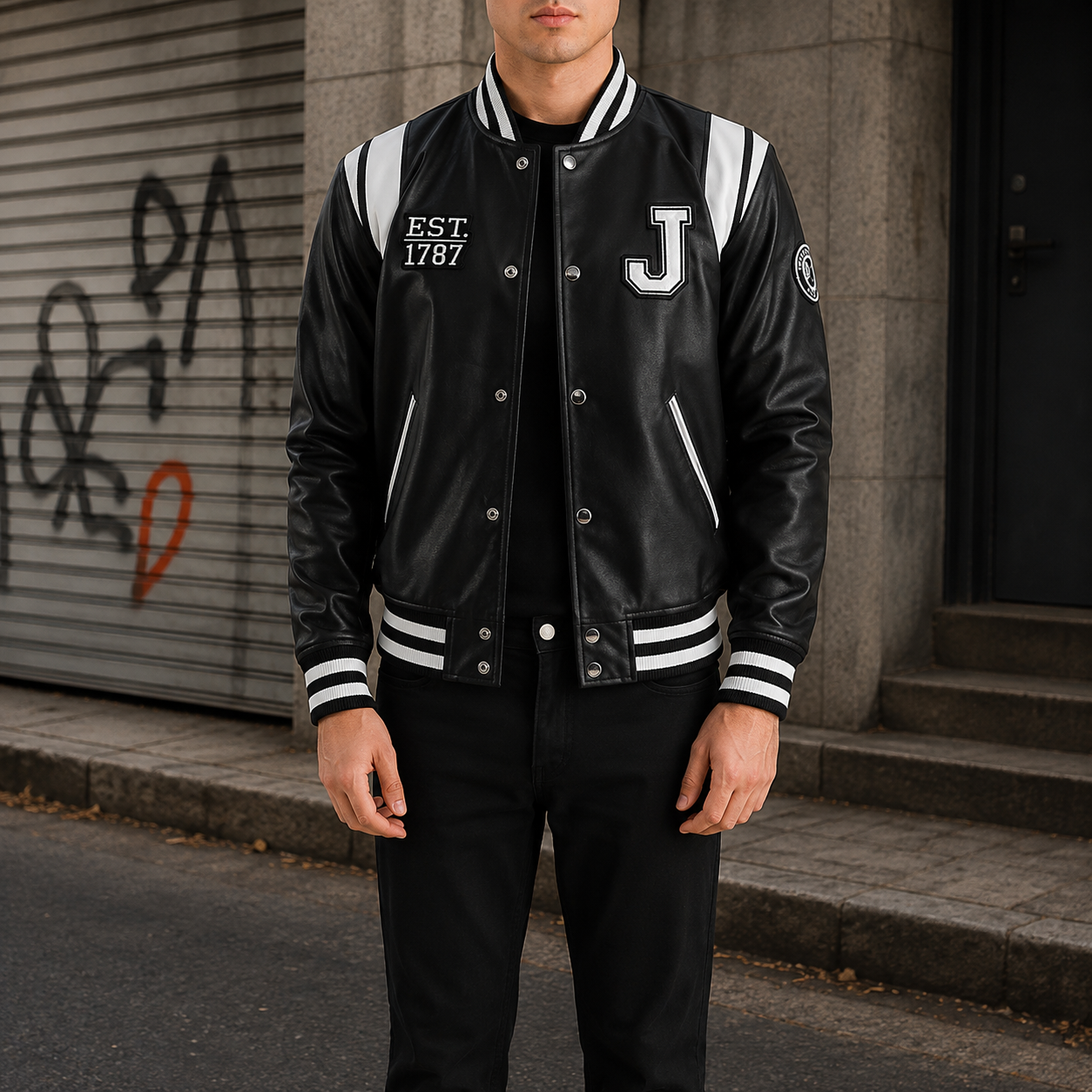 Liberte New Jersey Black Leather Varsity Jacket