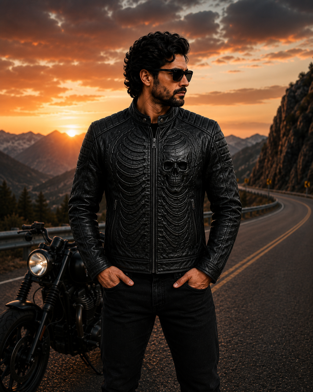 Men's Black Skull Embossed Biker Leather Jacket